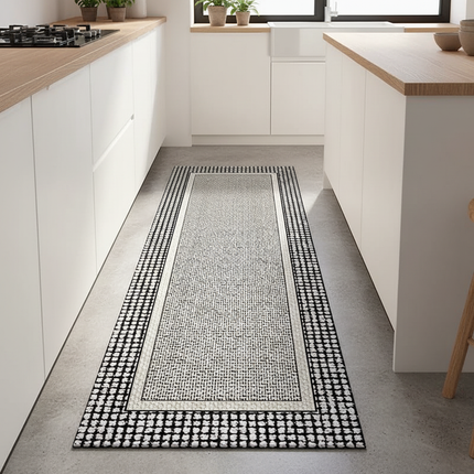 Tapis Cuisine noir et blanc motif géométrique antidérapant contrasté