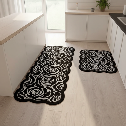Tapis Cuisine roses noir et blanc antidérapant