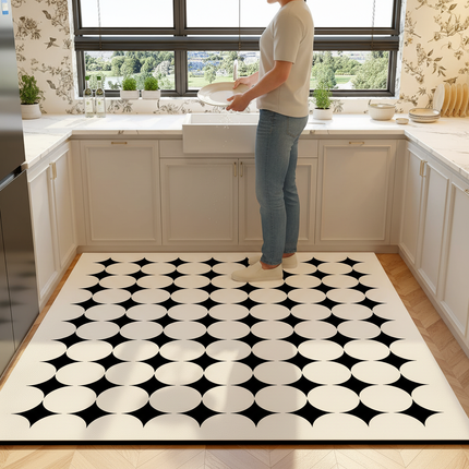 Tapis Cuisine noir et blanc cercles antidérapant