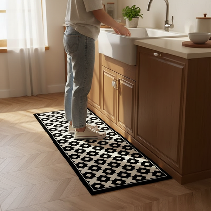 Tapis Cuisine noir blanc géométrique antidérapant épuré