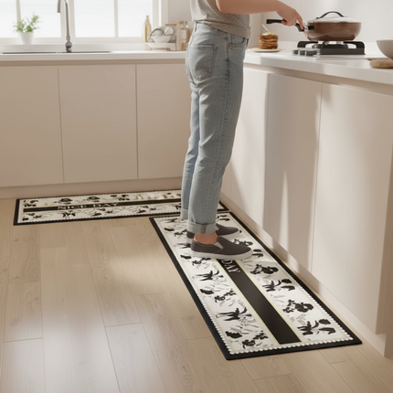 Tapis Cuisine floral noir et blanc antidérapant original