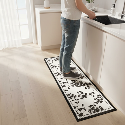 Tapis Cuisine floral noir crème antidérapant