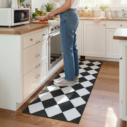 Tapis Cuisine noir et blanc losanges absorbant