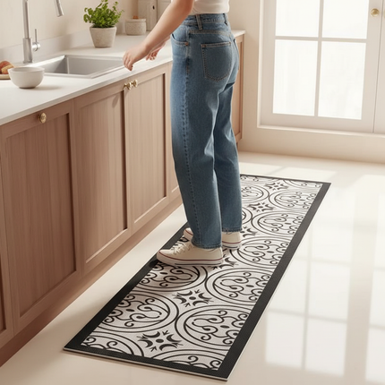Tapis Cuisine noir et blanc motif antidérapant