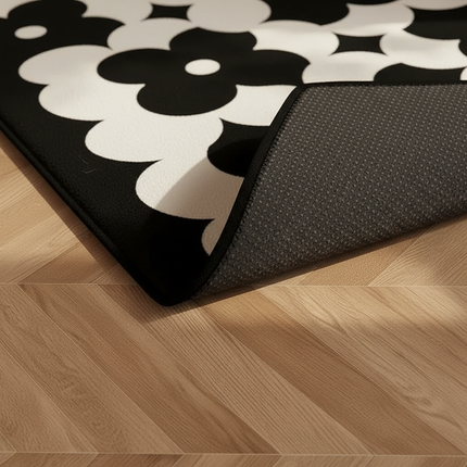 Tapis Cuisine floral noir et blanc antidérapant