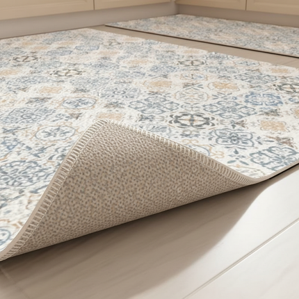 Tapis Cuisine motifs bleus beiges antidérapant