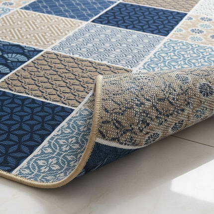 Tapis Cuisine patchwork bleu beige moderne