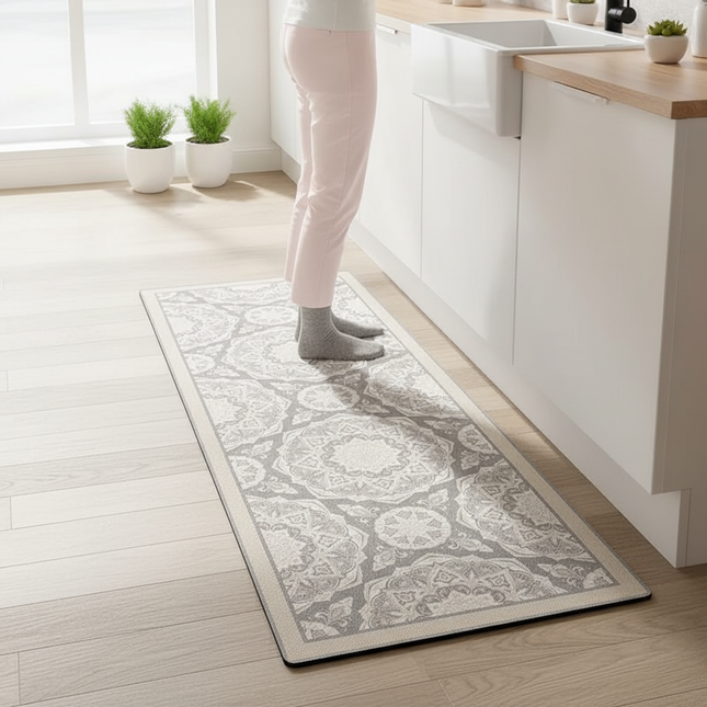 Tapis Cuisine gris floral antidérapant