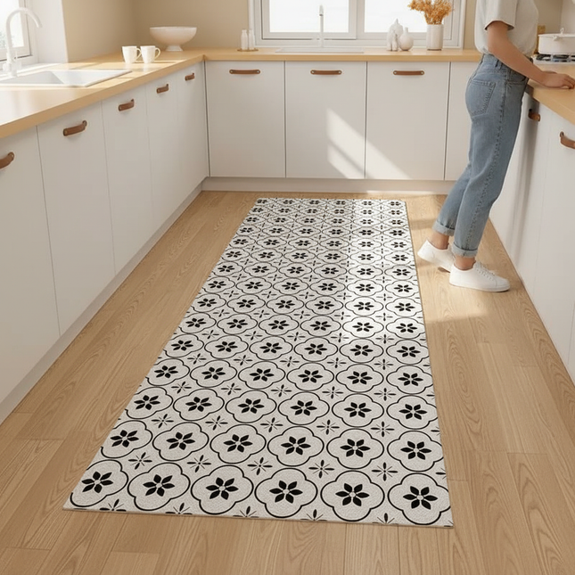 Tapis Cuisine motif carreaux noir et blanc antidérapant