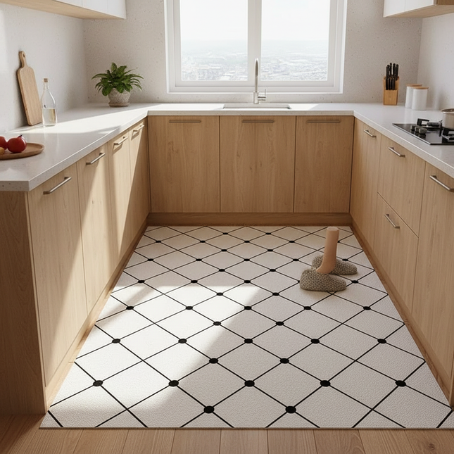 Tapis Cuisine blanc motif géométrique antidérapant