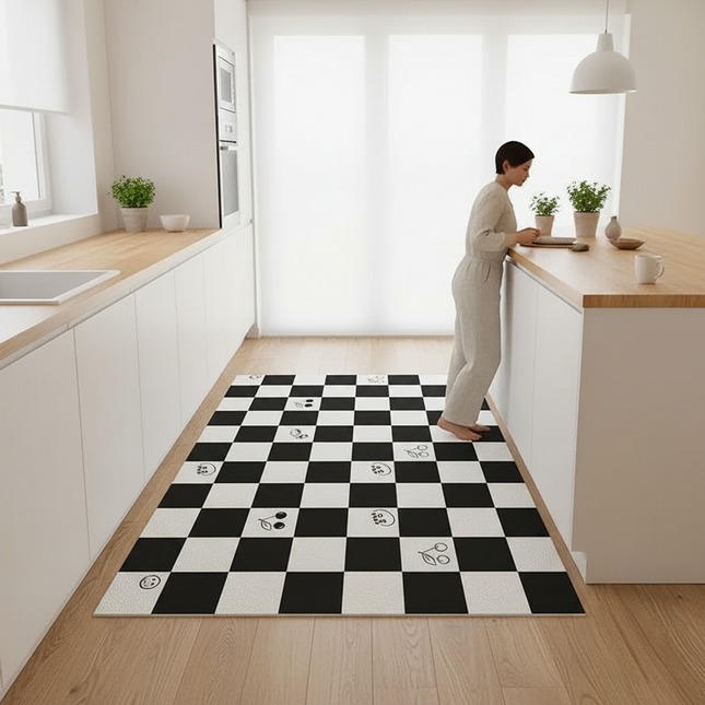 Tapis Cuisine noir et blanc damier antidérapant