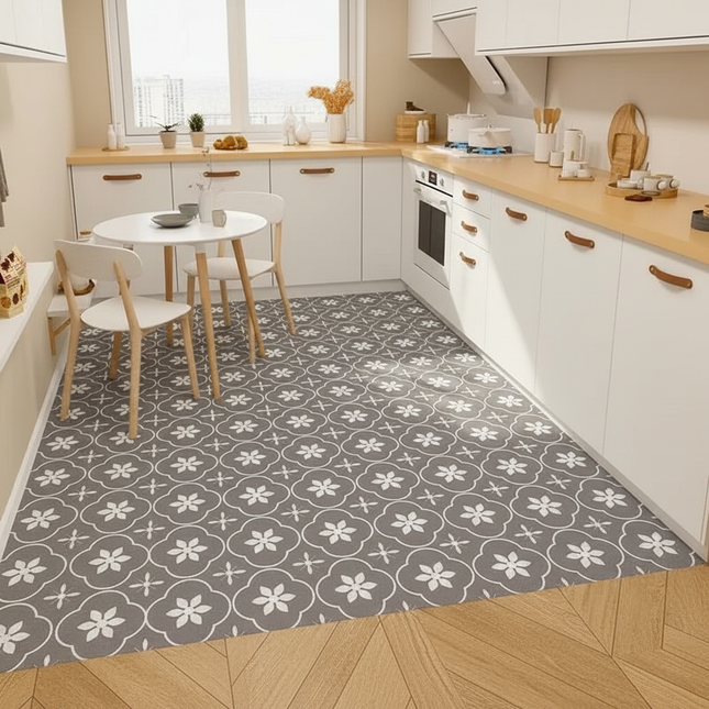 Tapis Cuisine gris motif floral antidérapant