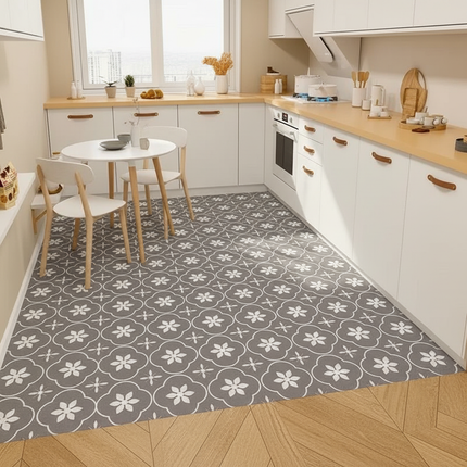 Tapis Cuisine gris motif floral antidérapant