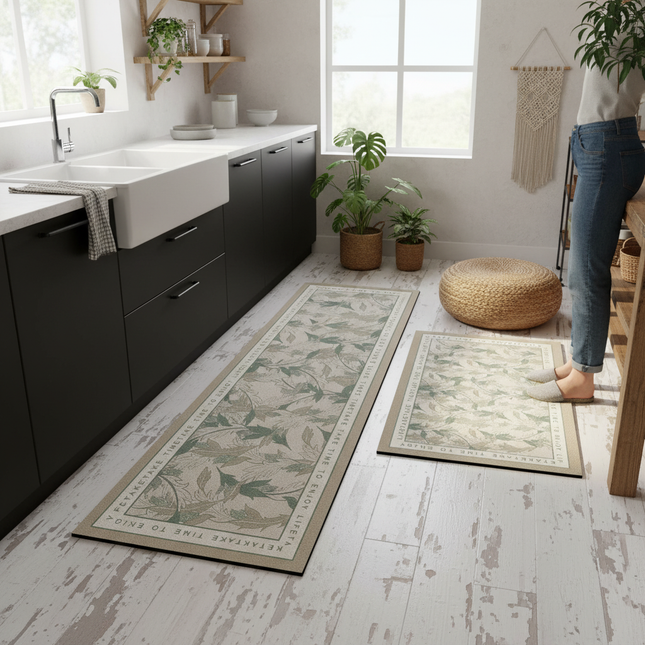 Tapis Cuisine feuillage beige antidérapant