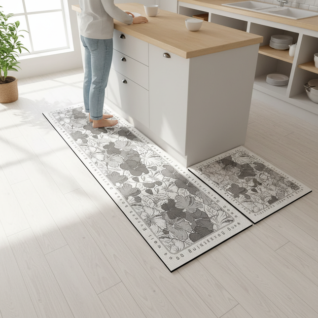 Kitchen Pvc Floor Mat Leather Waterproof Non-slip Carpet Oil-proof Foot Mats Pink Flower Pattern Home Decoration Rug Vinyl Rugs