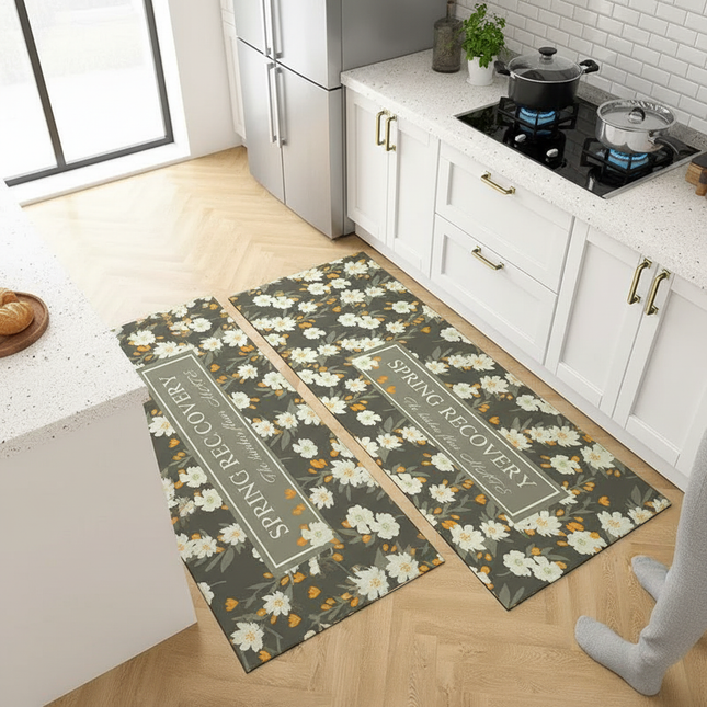 Tapis Cuisine floral gris antidérapant