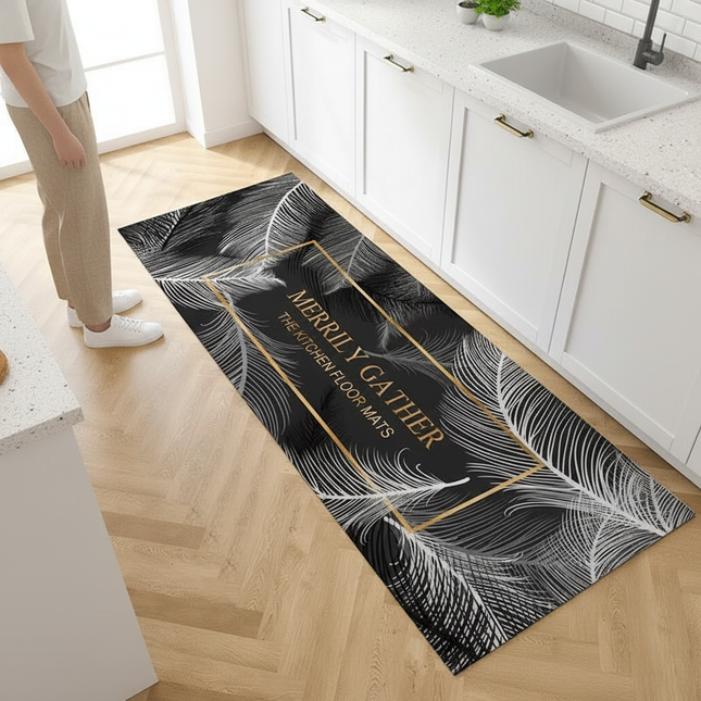 Tapis Cuisine noir motif plumes antidérapant