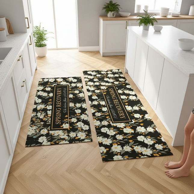 Tapis Cuisine noir floral antidérapant