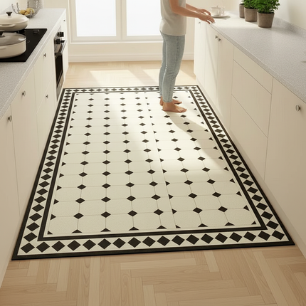 Tapis Cuisine noir et blanc géométrique antidérapant