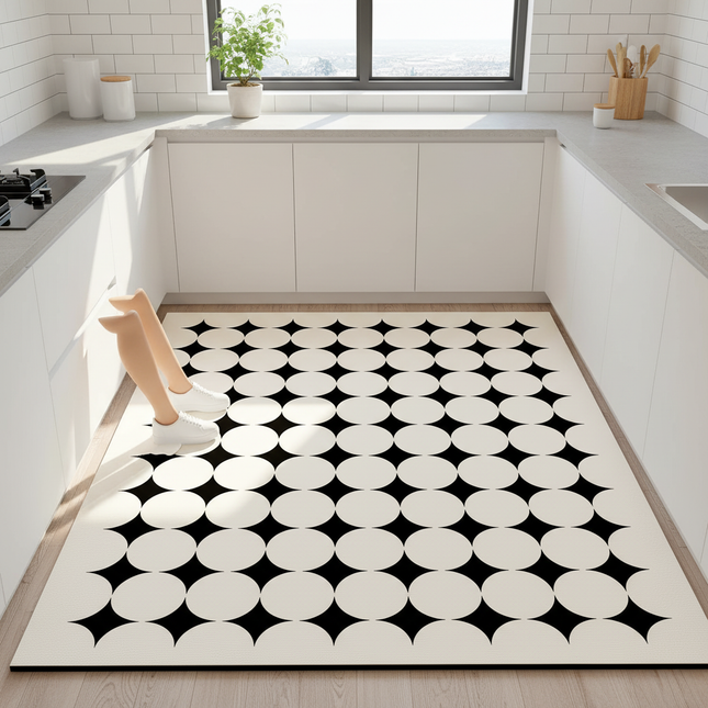 Tapis Cuisine noir et blanc cercles antidérapant