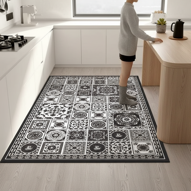 Tapis Cuisine noir et blanc motif carreaux antidérapant