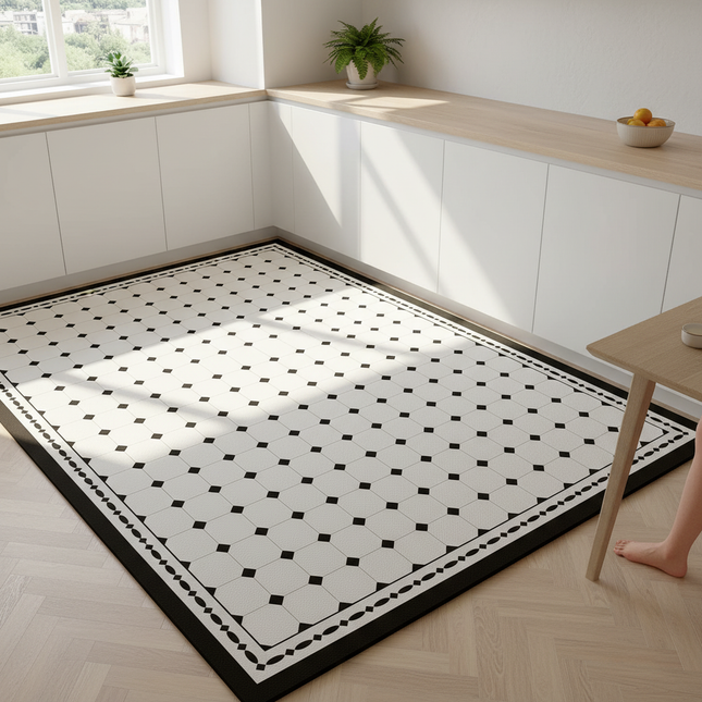 Kitchen Floor Mat Black White Diamond Grid Pattern Pvc Leather Non-slip Carpet Waterproof Oil-proof Large Area Home Decor Rug