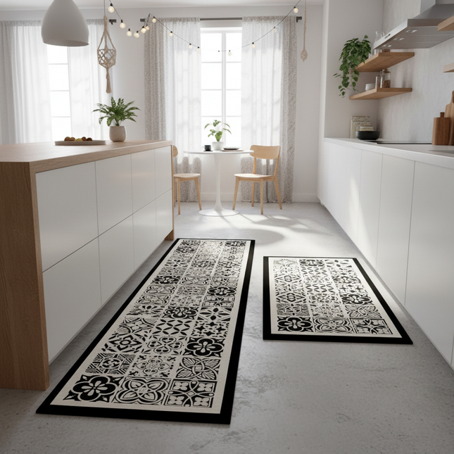 Tapis Cuisine noir et blanc carreaux antidérapant lavable