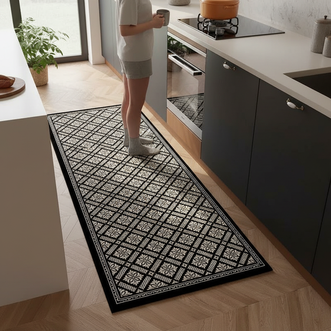 PVC Kitchen Waterproof Carpet Black Carpets Leather Non-slip Rug Oil-proof Long Foot Mats American Retro Home Decoration Rugs