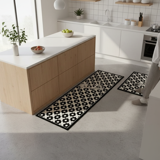 Tapis Cuisine noir blanc géométrique antidérapant épuré