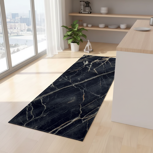 Tapis Cuisine noir marbré moderne
