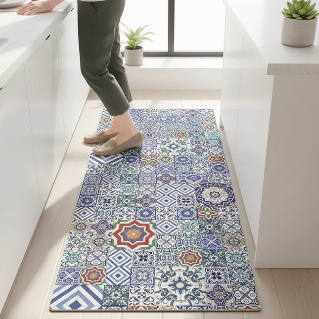 Tapis Cuisine bleu carreaux antidérapant
