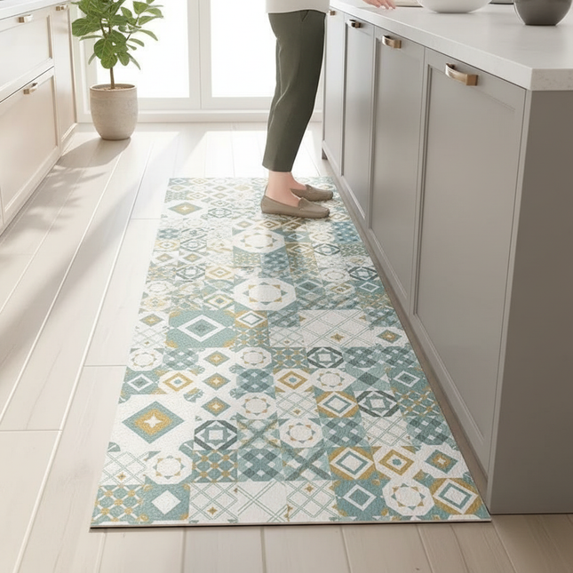 Tapis Cuisine motif géométrique bleu or antidérapant