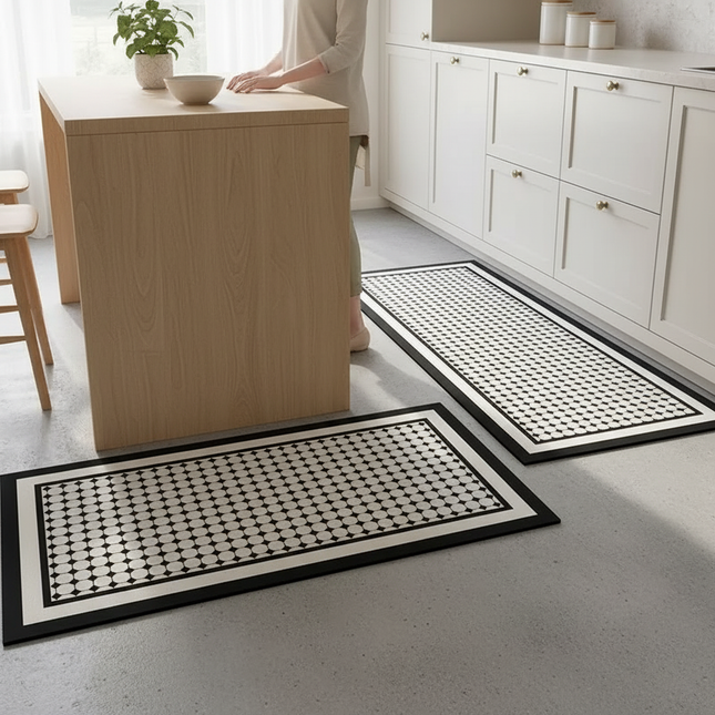 Tapis Cuisine noir blanc géométrique antidérapant durable