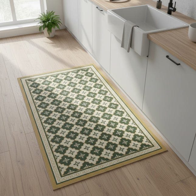 Tapis Cuisine motif carreaux de ciment vert lavable