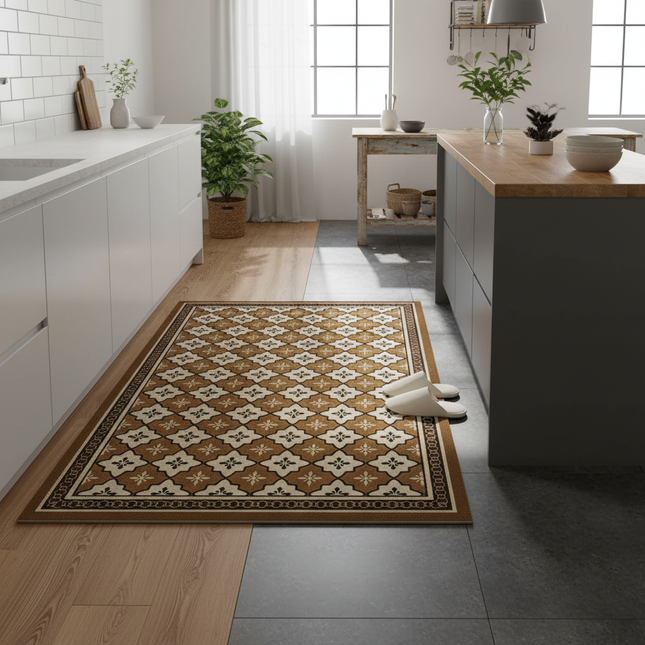 Tapis Cuisine motif rétro marron antidérapant