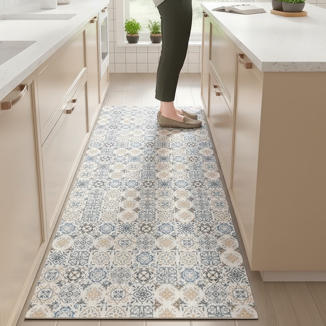 Tapis Cuisine motifs bleus beiges antidérapant