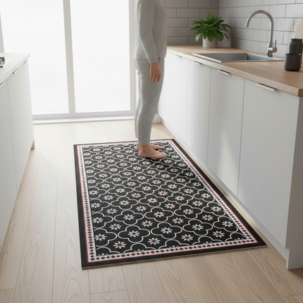 Tapis Cuisine noir motif floral lavable