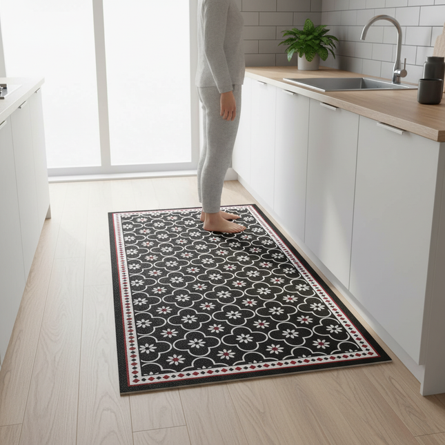 Tapis Cuisine noir motif floral lavable