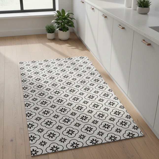 Tapis Cuisine motif rétro noir et blanc lavable