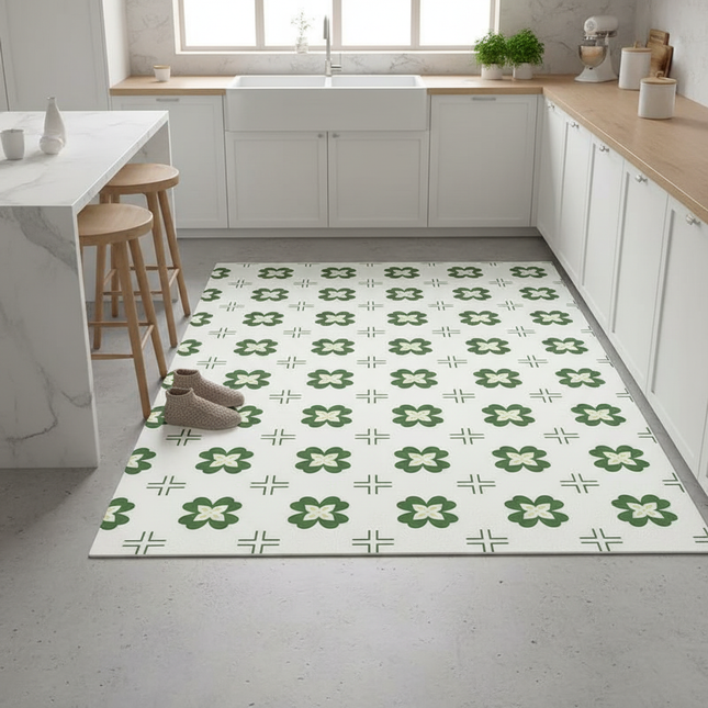 Tapis Cuisine blanc motif floral vert lavable