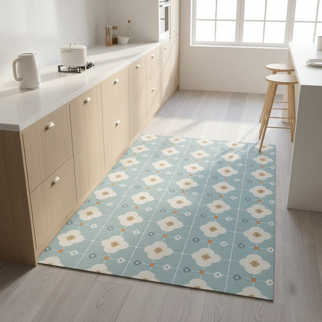 Tapis Cuisine bleu motif floral lavable