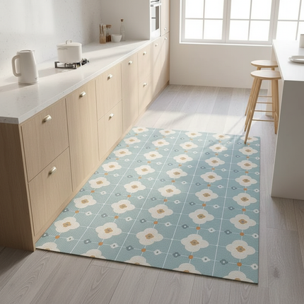 Tapis Cuisine bleu motif floral lavable