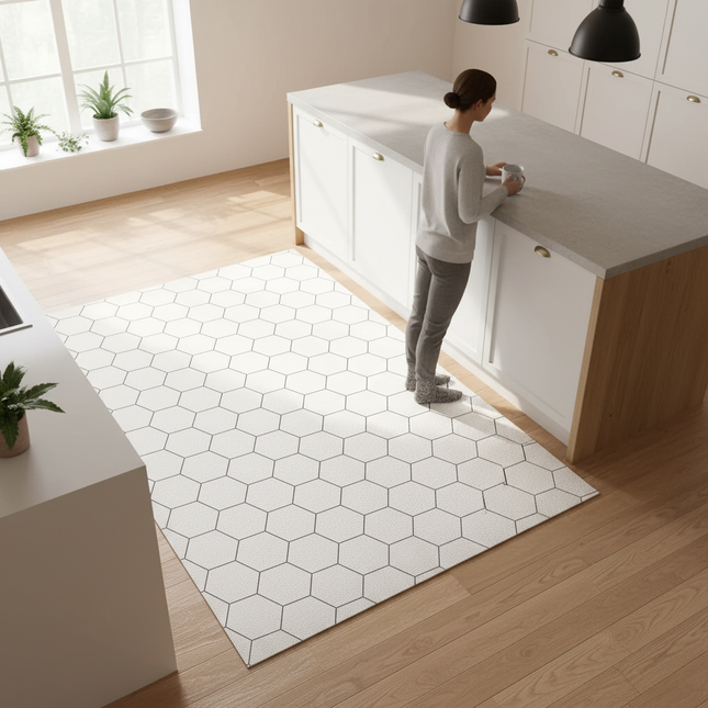 Tapis Cuisine Blanc Motif Hexagonal Antidérapant