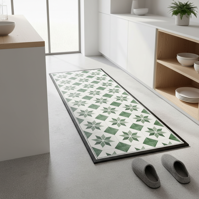 Tapis Cuisine vert géométrique antidérapant lavable