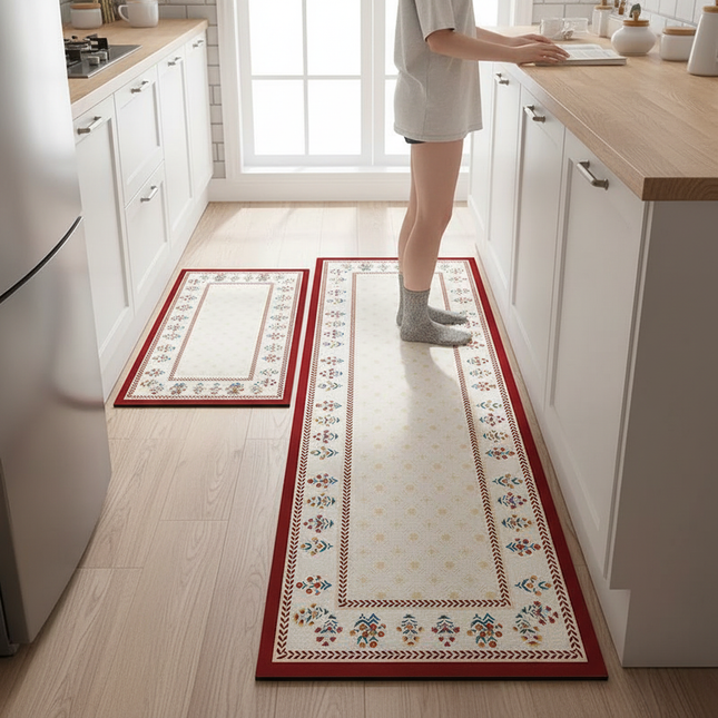 Tapis Cuisine bordure rouge motif floral antidérapant