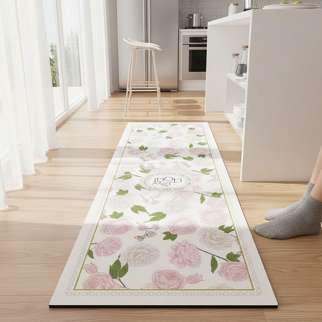 Rugs for Kitchen Floor Mat Pvc Leather Waterproof Non-slip Long Rug Anti-fatigue Foot Mats Pink Flower Home Decor Vinyl Carpet