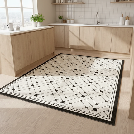 Tapis Cuisine noir et blanc géométrique imperméable