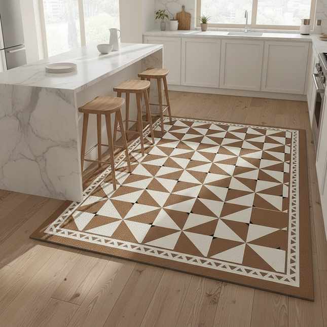 Tapis Cuisine géométrique marron blanc imperméable
