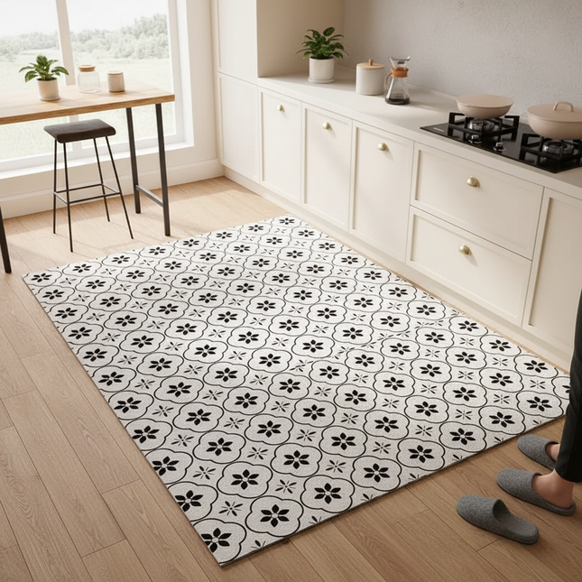 Tapis Cuisine noir et blanc floral lavable