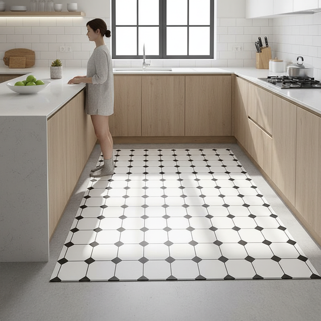 Tapis Cuisine noir et blanc motif carreaux antidérapant minimaliste